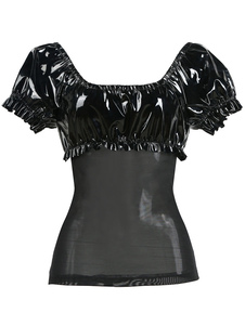 PU de Off-The-Shoulder noir manches courtes semi Sheer PVC Clubwear Top