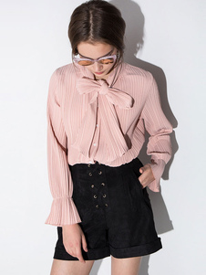Manches longues rose Bow noués à la Blouse de la femme Chic