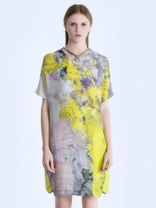 Bijou cou imprimé robe été jaune