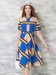 Stand collier Check manches courtes ceinture Flare robe