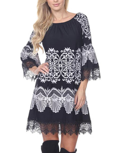 Noir col rond évasé manches dentelle mousseline de soie robe de la femme Maj