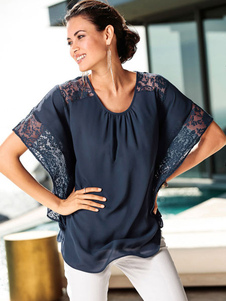 Moitié manches chemisier en mousseline de soie avec dentelle