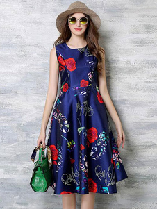 Bijou cou robe sans manches Floral imprimé évasée