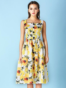 Carré jaune cou boutons fleurs imprimées robe d’été