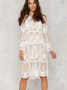 Bijou blanc cou dentelle manches longues robe tunique