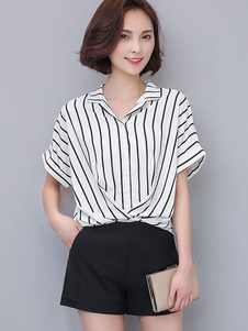 Manches courtes blancs à rayures chemisier en mousseline de soie mode féminine