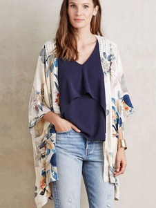 Mélange d’abricot coton imprimé Kimono ouvert avant de lacet