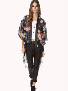 Polyester Noir imprimé Kimono ouvert frange avant