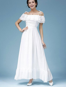 Sans manches en mousseline de soie ouvert lever épaules haut robe Maxi femme