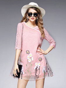 Bijou rose encolure brodée envelopper robe d’été