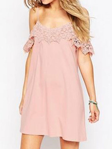 Robe d’été courte rose bretelles cou dentelle robe concis