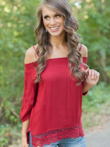 La moitié rouge manches chemisier Off-the-Shoulder