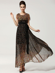 Bijou cou dentelle robe Maxi de la femme sans manches