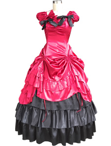 Lolita Satin rouge élégant monopièce robe sans manches volants taille ceinture dentelle Bow
