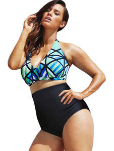 Lacets bleu imprimé deux pièces maillot de bain Halter High Waisted des femmes