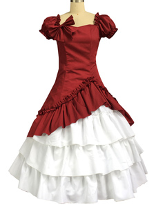 Coton élégant Dark Lolita rouge et blanc une pièce robe manches courtes volants couches Bow lacez ve
