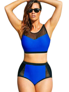 Maillot de bain filets bicolore bleu bijou cou haut deux Taille cintrée Plus pièce