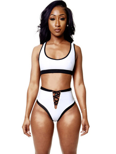 Tuyauterie bicolore blanc dos nu bretelles cou Polyester deux pièces maillot de bain