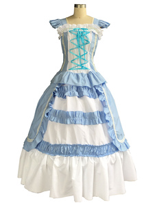 Doux coton bleu clair Lolita Robe une pièce lacets sans manches volants