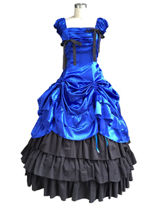 Élégant bleu paon Lolita Satin robe une pièce sans manches volants taille ceinture dentelle Bow