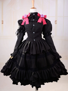 Doux coton noir Lolita stratifiés monobloc robe manches longues volants Bow