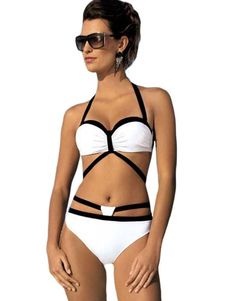 Passepoil bicolore blanc Halter Backless Polyester deux pièces maillot de bain