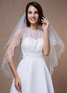 Voiles de mariage ovale à deux paliers perler bord blanc doigt voiles avec Comb(90*75cm)