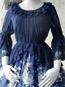 Sweet Lolita bleu marine noir Blouse tissu moitié Hime manches dentelle volants