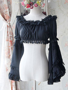Douce lumière noire Lolita de mousseline de soie bleue courte Blouse longue Hime manches manches amo