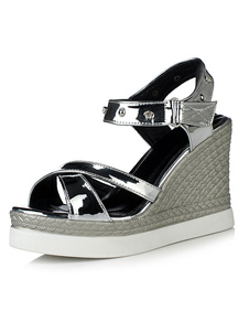 Belles sandales compensées à talons décolletés en PU avec velcro