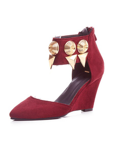 Brillantes chaussures en cuir poncé ornement métallique à bout pointu Zip