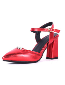 Escarpins à talons épais en PU courroie ajustable ornement métallique