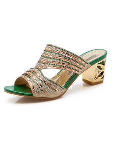 Sandales populaires mules à bout ouvert en PU et talons épais