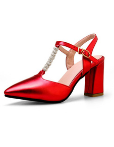 Escarpins à talons épais en PU T-bracelet ornement métallique