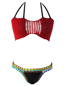 Fascinant beau Bikini rouge en polyester tricoté à licou pour femme