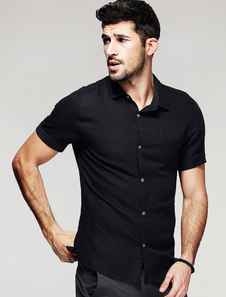 Chemise noire en coton unicolore avec bouton manches courtes pour homme