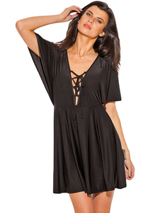 Robe noire d'été en polyester unicolore col V pour femme