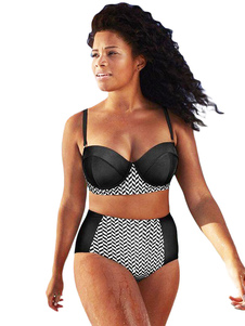 Charmant maillot de bain 2 pièces noir en polyester color-block à bretelles pour femme