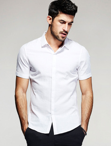 Chemise casual blanche en coton unicolore avec bouton manches courtes pour homme