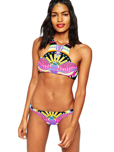 Éblouissant maillot de bain bikini rose en spandex multicolore à bretelles pour femme