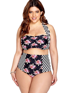 Éblouissant maillot de bain 2 pièces noir en polyester imprimé fleuri à licou pour femme