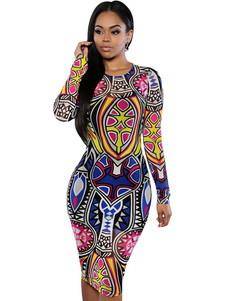 Belle Robe rose charmante de club en polyester multicolore col ras du cou pour femme