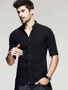 Chemise noire en coton unicolore avec bouton manches courtes pour homme