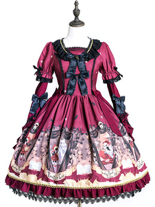 Lolita Robe bordeaux en polyester impression avec noeud