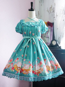 Lolita Robe verte en polyester impression avec noeud