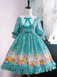 Lolita Robe verte en polyester impression et noeud