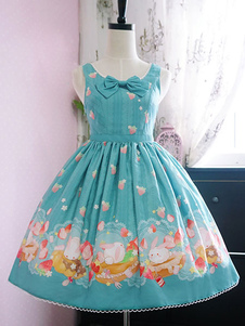 Lolita Robe verte en polyester impression et noeud