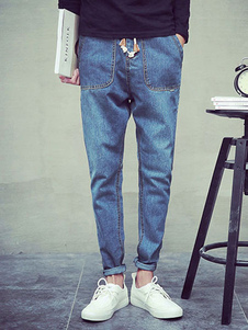 Jean bleu chic style sarouel baisse Denim en coton pour hommes