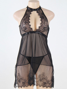 Nuisette soutenue noire en dentelle unicolore avec dentelle à demi-transparence
