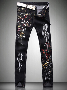 Jean bleu coupe droite en denim motif tie-dye imprimé fleuri